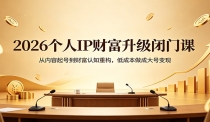 2026个人IP财富升级闭门课：从内容起号到财富认知重构，低成本做成大号变现