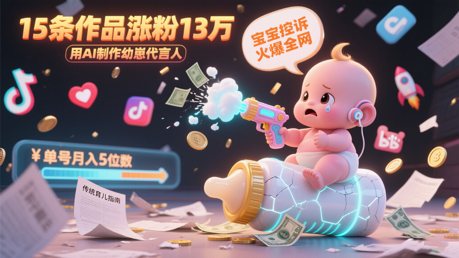 用AI制作幼崽代言人，宝宝的控诉火爆全网，15条作品涨粉13万，单号月入5位