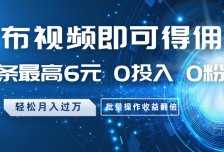发布视频即可得佣金，一条最高6元，0投入0粉丝，月入过万，批量操作收益翻