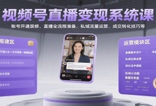 视频号直播变现系统课，账号开通装修、直播全流程准备、私域流量运营、成交