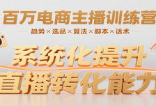 百万电商主播训练营，涵盖趋势/选品/算法/脚本/话术，提升转化能力