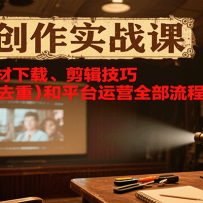 短剧创作实战课，系统讲解素材下载、剪辑技巧（画面/字幕去重）和平台运营